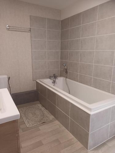 a bathroom with a white bath tub and a sink at Comfortable studio dans une maison au calme in Bellerive-sur-Allier