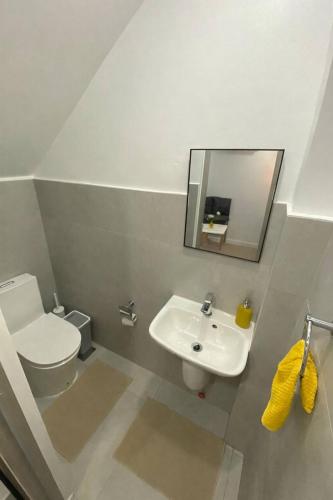 a bathroom with a toilet and a sink and a mirror at Cozy Haven Batulao in Calo