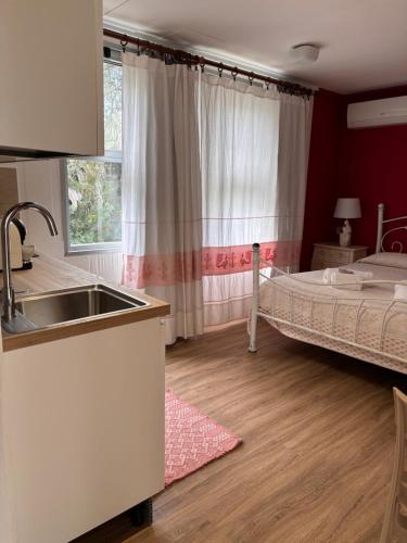 a kitchen with a sink and a bed in a room at Residence Sa Pintadera in Càbras