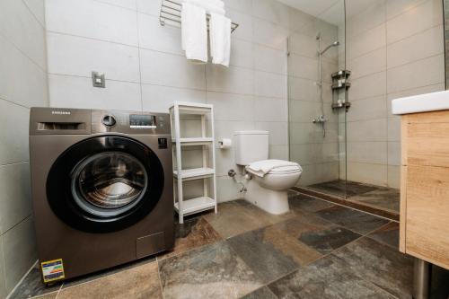 a bathroom with a washing machine and a toilet at Brassbell l Zamalek l Jeddah Tower in Cairo