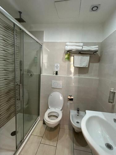 a bathroom with a shower and a toilet and a sink at Hotel 26 in Milan