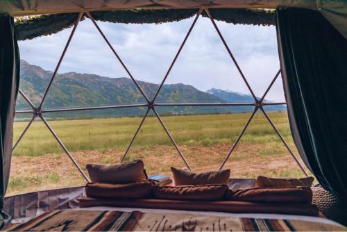 a window of a tent with a view of a field at Tammah Jackson Hole in Wilson