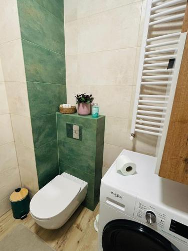 a bathroom with a toilet and a washing machine at Włocławek Saperska in Włocławek