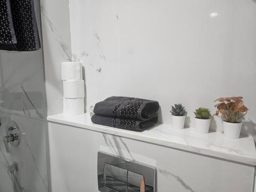 a bathroom with a shelf with towels and plants at Appartement de standing - Emplacement stratégique in Casablanca