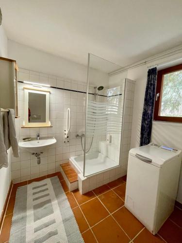 a bathroom with a shower and a tub and a sink at Studio Auenland in Kottingbrunn
