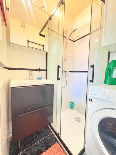 a bathroom with a sink and a washing machine at Studio à Canet Plage 200m Mer Balcon in Canet-en-Roussillon