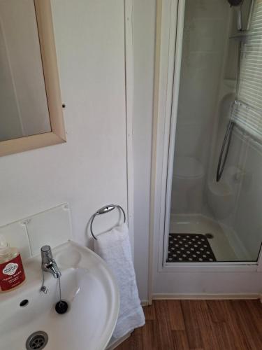 a bathroom with a sink and a shower at Comforts caravan in Winthorpe