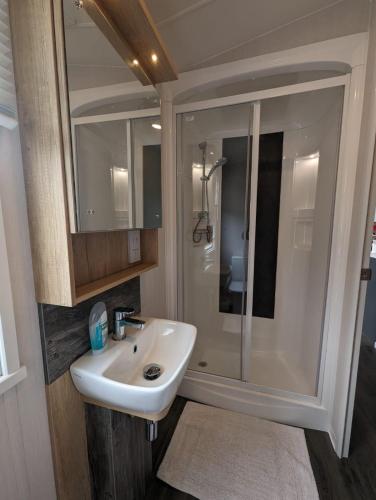 a bathroom with a sink and a shower at Swift Bordaux 68 in Ardentinny
