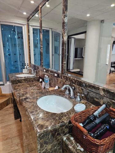 a bathroom with a sink and a large mirror at BelAir Unique a Wyndham Hotel in Mexico City