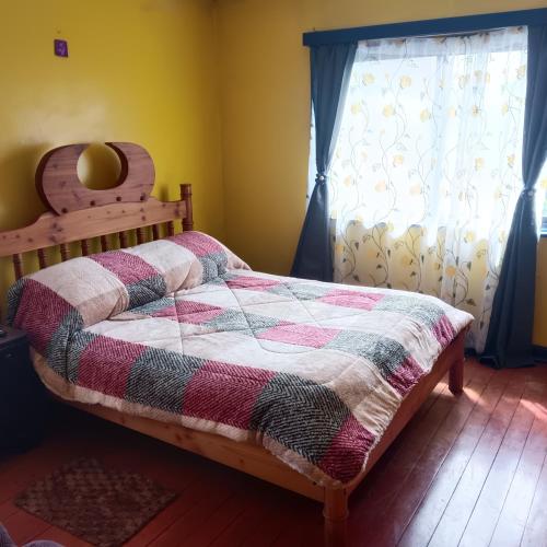 a bedroom with a bed with a quilt on it at Hostal Adriana in Valdivia