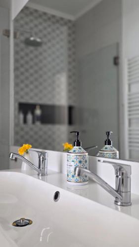 a bathroom sink with two soap dispensers on it at MoMa Homes Kecskemét in Kecskemét