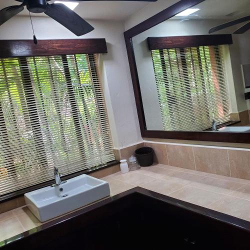a bathroom with a white sink and two windows at Vista de las Rocas in Ixtapa