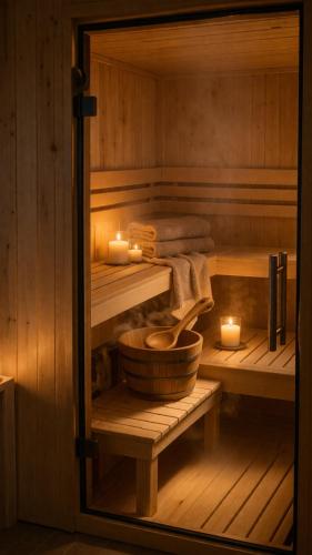 a sauna with candles and towels and a bowl at Ruhestifter-Salem mit Aromasauna und Hot Tub bis zu 10 Personen in Salem