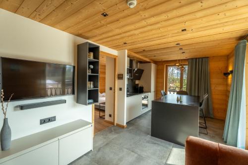 a living room with a large television and a kitchen at Appartement Gondola & Spa - MultiPass in Les Gets