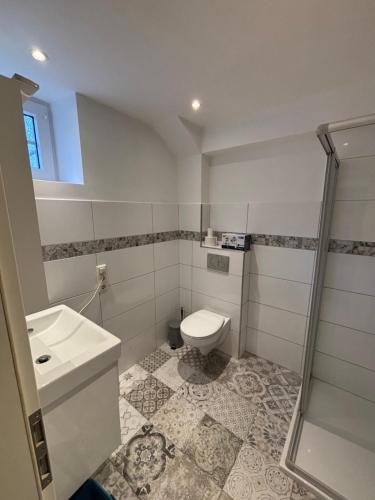 a bathroom with a toilet and a sink and a shower at Salinenappartement in Bad Kreuznach