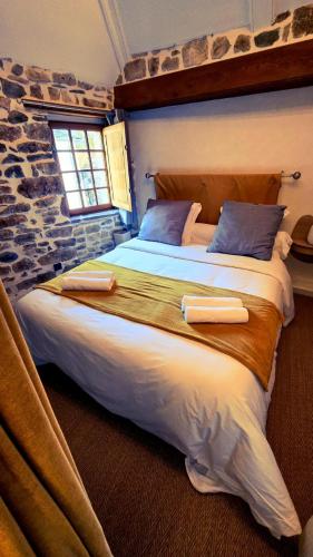 a bedroom with a large bed with two pillows on it at Le Puits Enchanté in Espalion