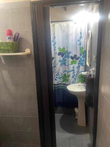 a bathroom with a shower curtain and a sink at Casa de Piedra in El Rodeo