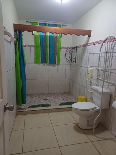 a bathroom with a shower and a toilet at Quinta Los Guacamayos in El Picacho