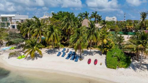 an aerial view of a beach with chairs and palm trees at Villa Angela in Isla Mujeres