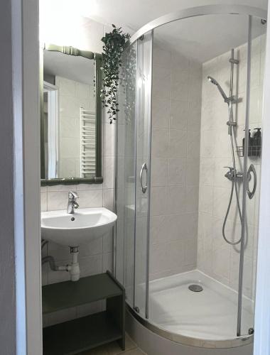 a bathroom with a shower and a sink at Zielony Pokój in Ojców