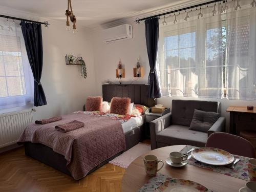 a bedroom with a bed and a chair and a table at Bérc Apartman in Egerszalók