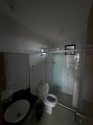 a bathroom with a toilet and a shower and a sink at Flat aconchegante com vista pro açude in Campina Grande