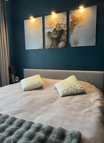 a bedroom with a bed with two pillows on it at Andrelle Rental in Tõrvandi