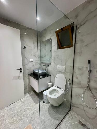 a bathroom with a toilet and a glass shower at Villa Agur Kapo in Ksamil