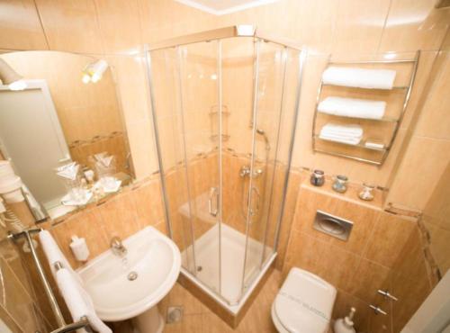 a bathroom with a shower and a toilet and a sink at Fiammanti Hotel Montenegro in Herceg-Novi