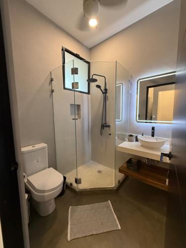 a bathroom with a toilet and a shower and a sink at Isabel 203 Space, light and calm! in Nicoya