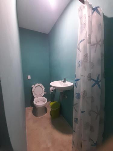 a bathroom with a toilet and a sink and a shower curtain at Maracas Hospedaje in Rincón