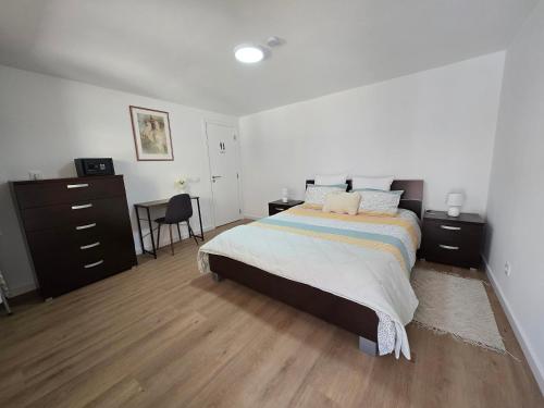 a bedroom with a large bed and a desk at Suzi's Garden Aveiro in Aveiro