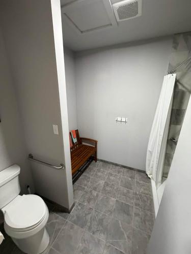 a small bathroom with a toilet and a shower at Germantown Inn & Lounge in Hermann