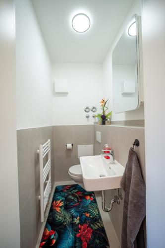 a bathroom with a sink and a toilet at Helles Apartment in bester Lage in Landshut