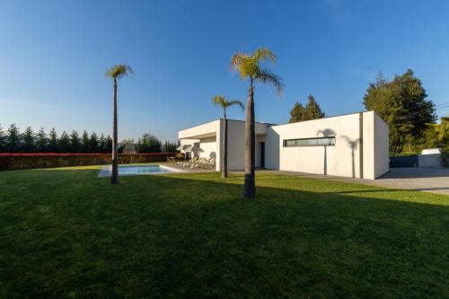 a white house with palm trees in a yard at Casa Da Luz in Lousada