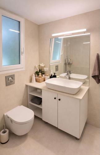 a bathroom with a sink and a toilet and a mirror at Terranova beach apartment -Rose in Ipsos