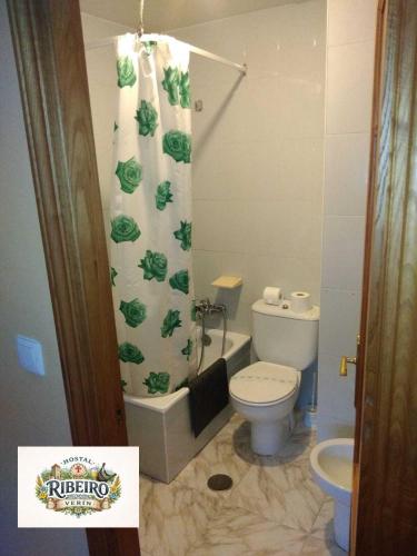 a bathroom with a toilet and a shower curtain at Hostal Ribeiro Verín in Verín