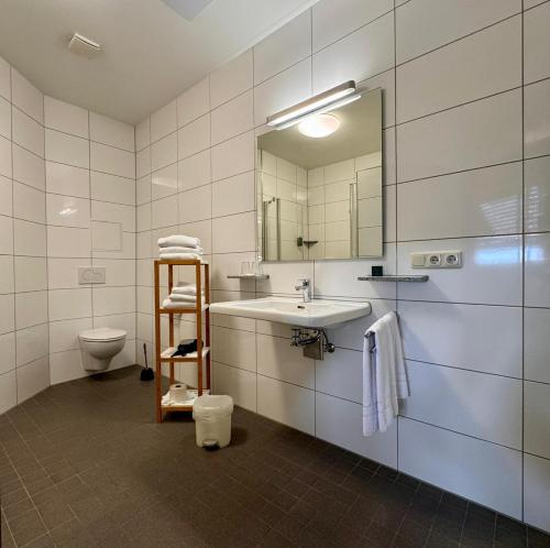 a bathroom with a sink and a toilet and a mirror at Hotel Nahetal in Gensingen