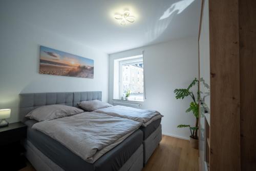 a bedroom with a bed in a room with a window at Helles Apartment in bester Lage in Landshut