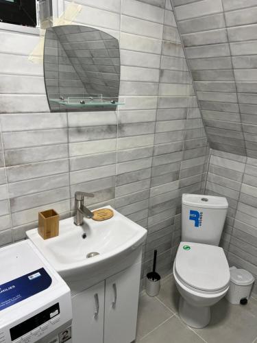a small bathroom with a toilet and a sink at Glola A-Frame Cottages in Glola