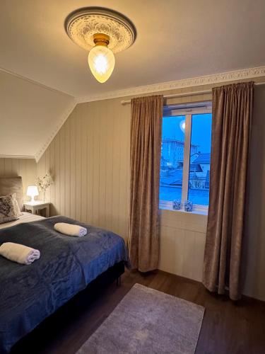 a bedroom with a bed and a large window at Villa Utsikten Romsdalen in Åndalsnes