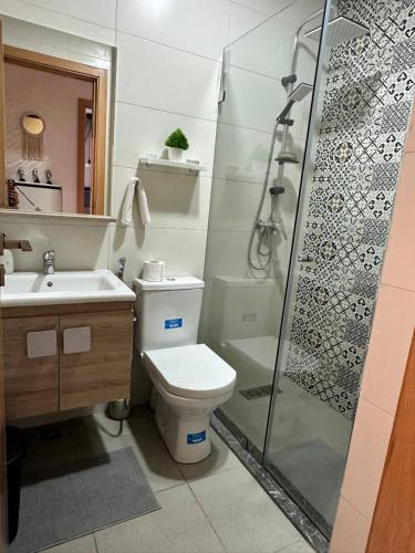 a bathroom with a shower and a toilet and a sink at Lux Appartement Dahomy Beach in Bouznika