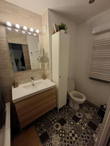 a bathroom with a sink and a toilet and a mirror at Entre lac et montagne in Les Angles