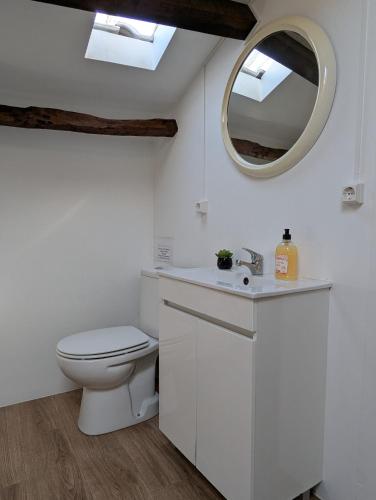 a bathroom with a toilet and a mirror at quarto duplo downtown in Ponta Delgada