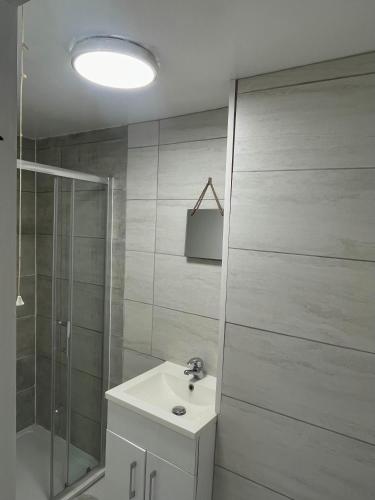 a bathroom with a sink and a shower at Studio near Addenbrookes and Centre By Miller Residence in Cherry Hinton