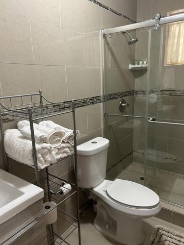 a bathroom with a toilet and a glass shower at Zoë Oasis - #1 Couple's Choice & Wholesome Getaway in Lilliendahl