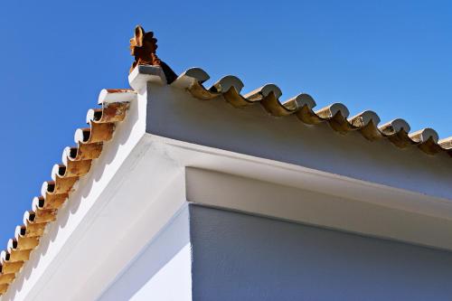 un pájaro sentado en la parte superior de un techo blanco en Villa Irini, en Porto Heli