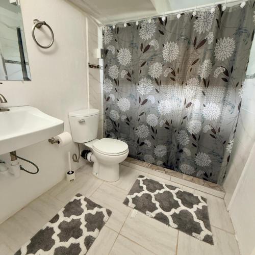 a bathroom with a toilet and a shower curtain at Hector residence in Saint Johnʼs