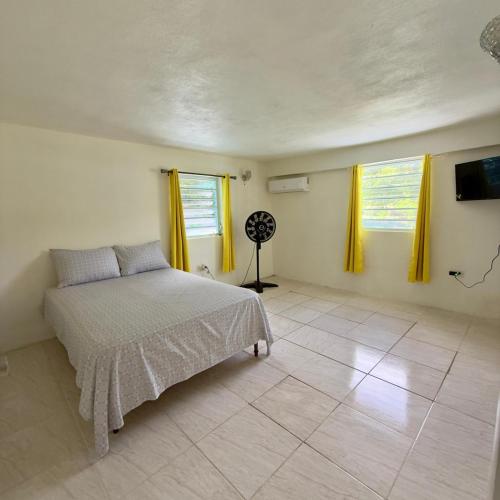 a bedroom with a bed and two windows with yellow curtains at Hector residence in Saint Johnʼs