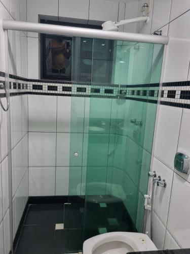 a bathroom with a glass shower with a toilet at 2-bedroom apartment in Ubá